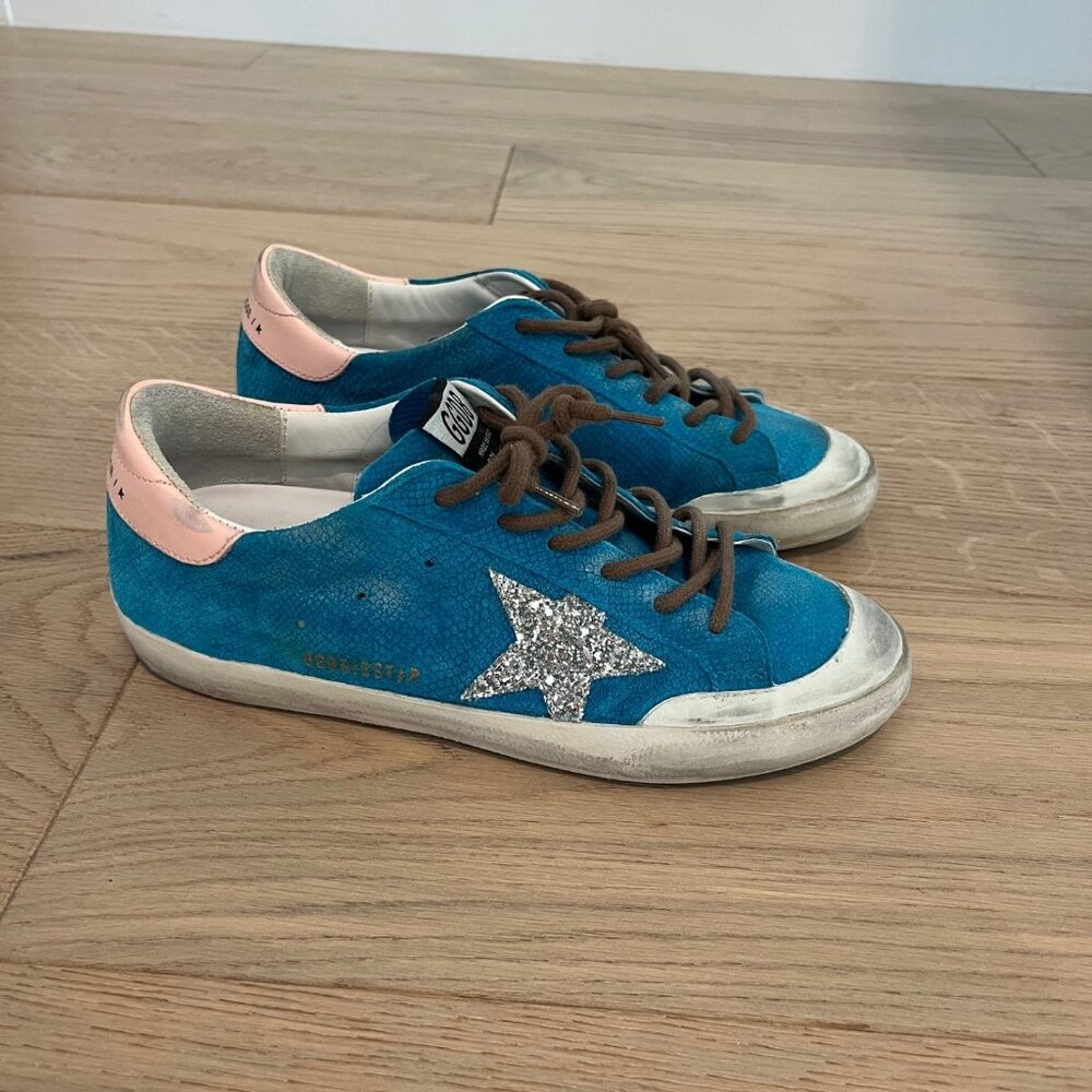 Golden Goose Superstar Lizard Embossed Leather Sneakers - Bluette w Silver Stars